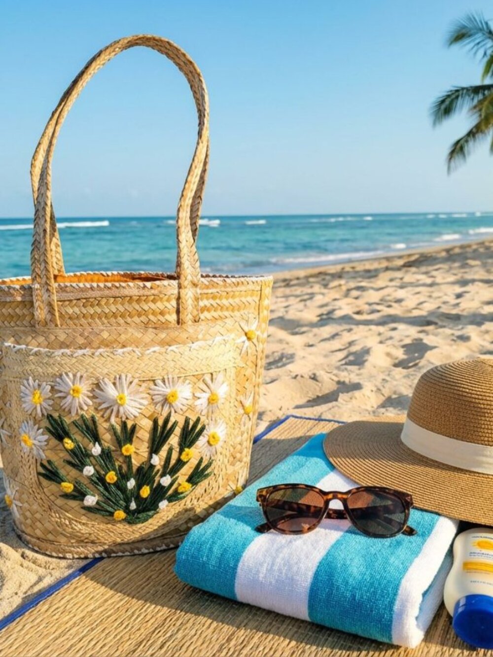 Straw Raffia Floral Bucket Tote Beach Bag Tan Casual Vacation Picnic Large